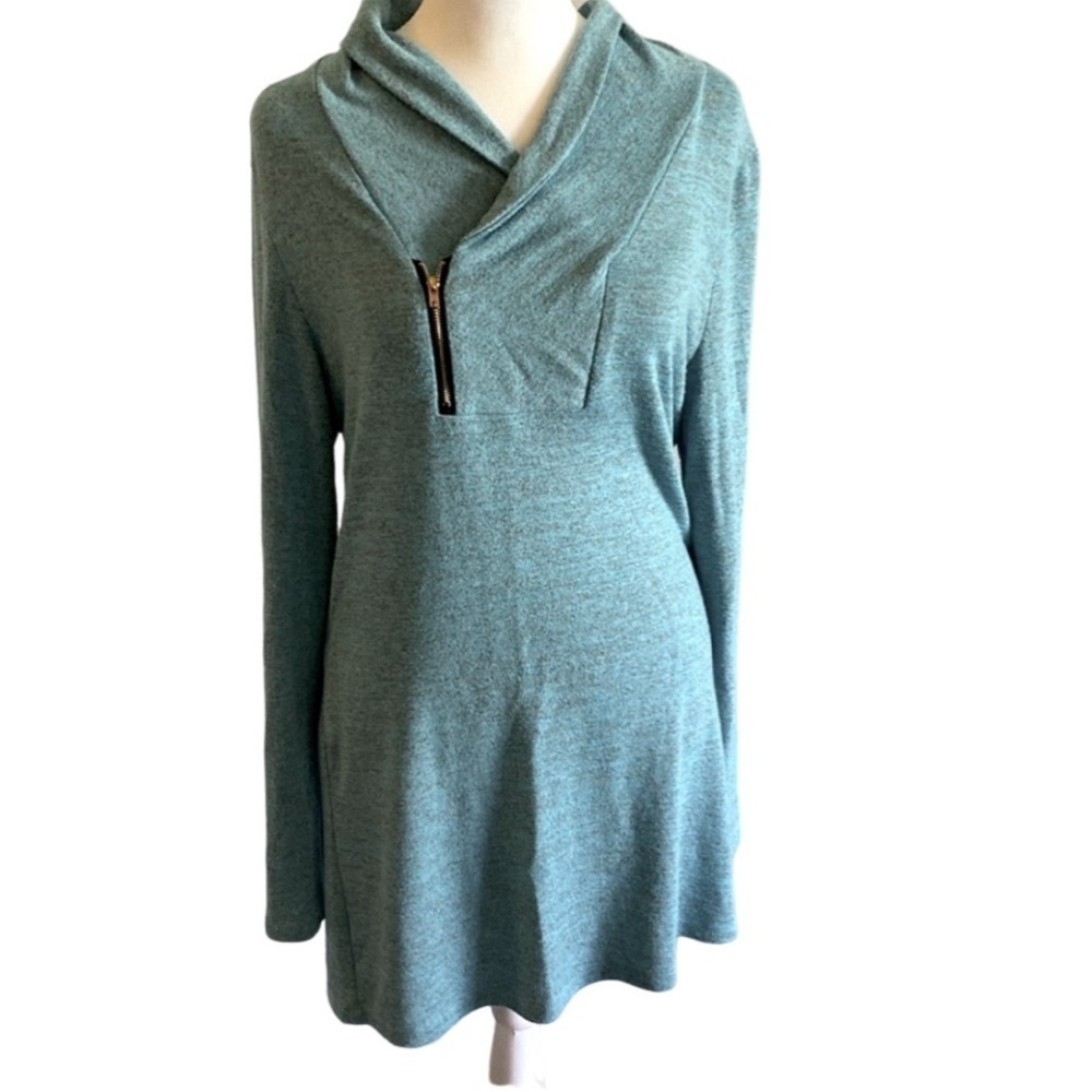 Tunic. Size L. Asymmetrical zipper. Aqua blue/green. Scoop/ cowel neck.